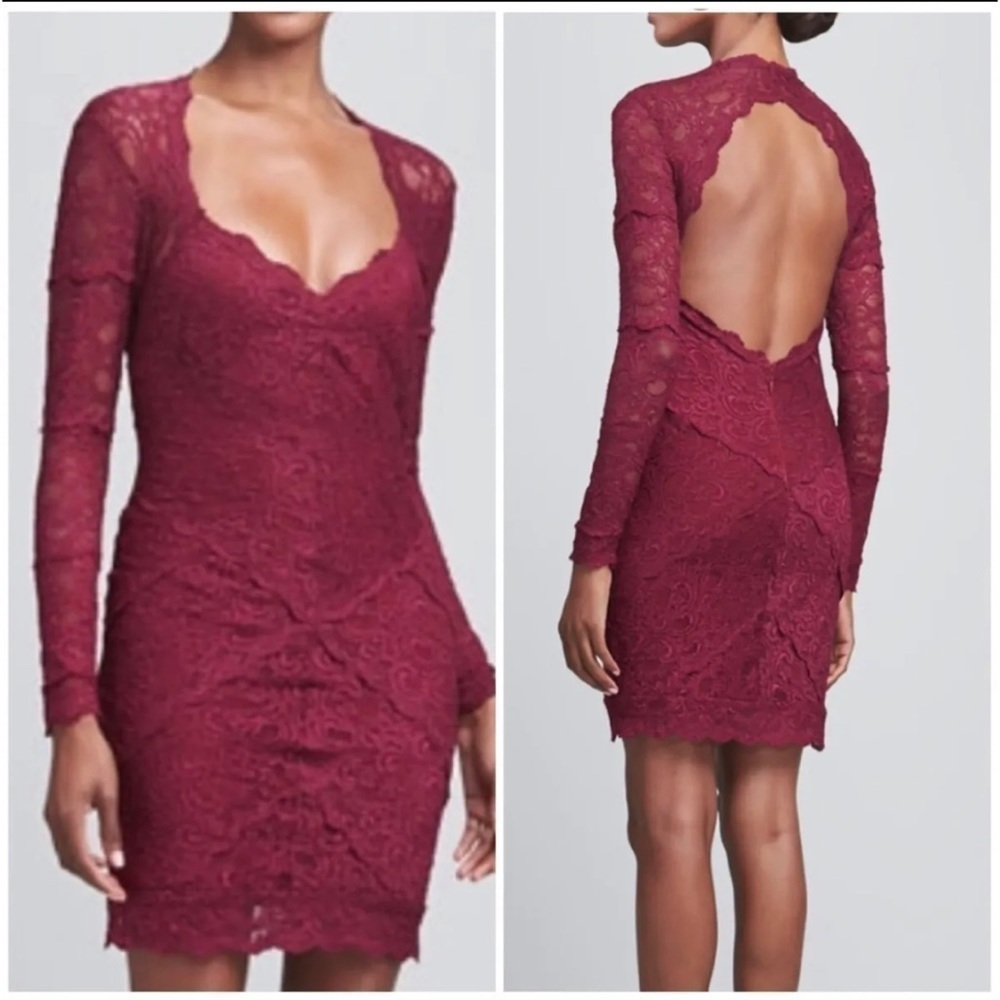 Nicole Miller Sz M Wine Scalloped Lace Sheath Pencil Formal Dress Open Back